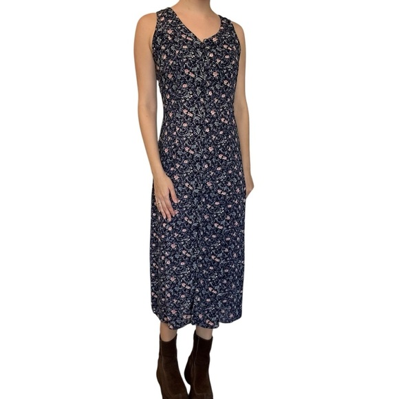 Vintage Lace Up Dress Midi Modest 90s Whimsigoth Fall Floral Blue Size Small - Picture 7 of 7